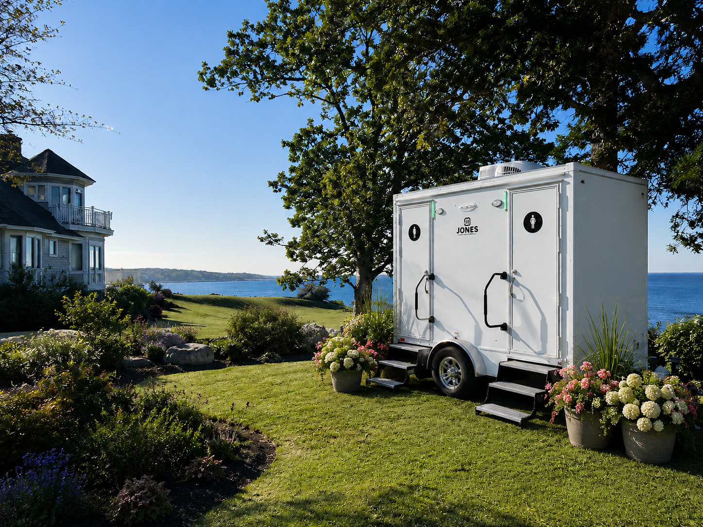 Coastal Throne Co. Camden 2-stall luxury restroom trailer for Maine weddings