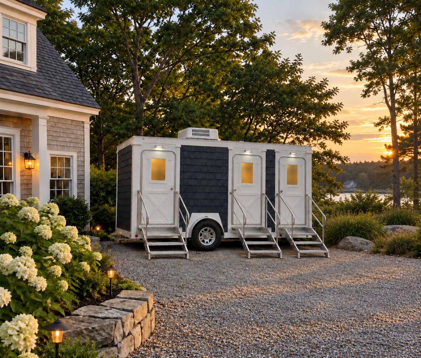 Coastal Throne Co. Acadia 3-stall flagship luxury restroom trailer exterior at a Maine wedding venue