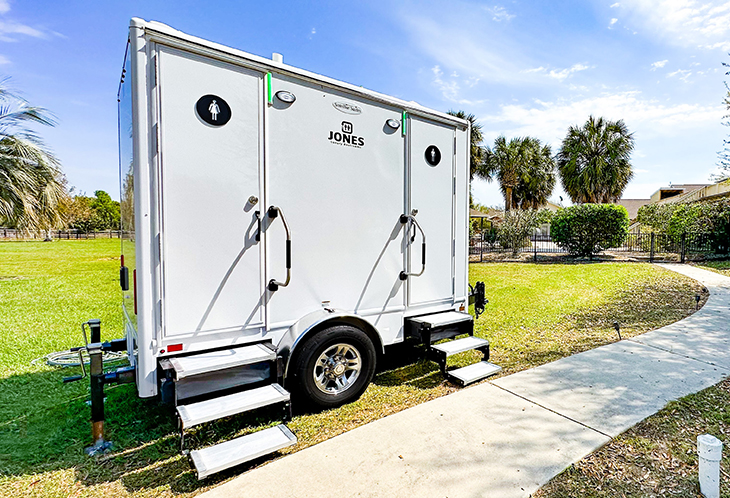 Coastal Throne Co. Camden 2-stall luxury restroom trailer exterior for Maine weddings
