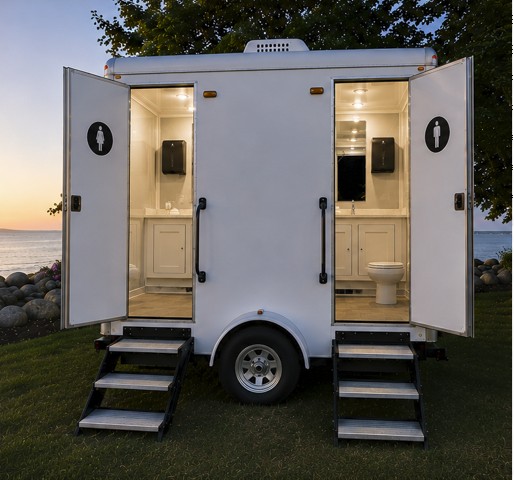 Coastal Throne Co. Camden 2-stall luxury restroom trailer with both doors open showing twin vanity interiors at a coastal Maine venue